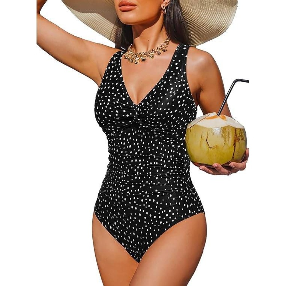 Holipick Black Polka Dot Tummy Control One Piece Swimsuit Slimming‎ Medium
